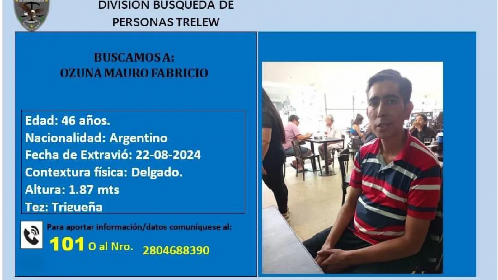 Intensa búsqueda de Mauro Fabricio Ozuna en Trelew