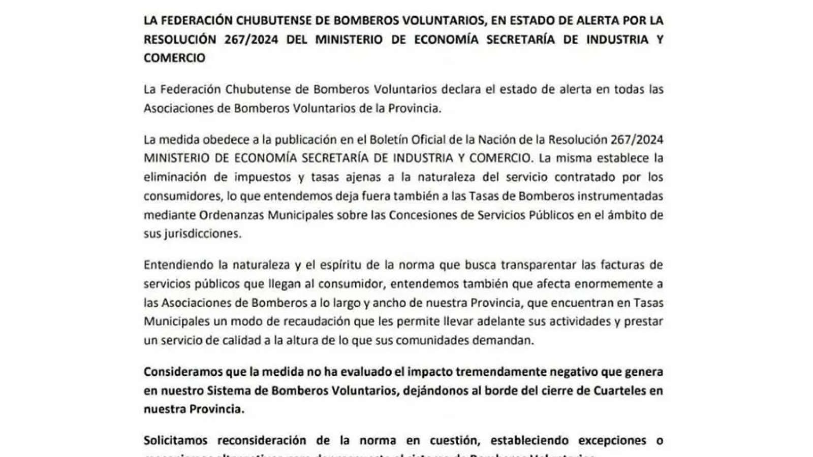 Comunicado de Bomberos Voluntarios de Chubut: "Nos condenan al cese de operatividad"