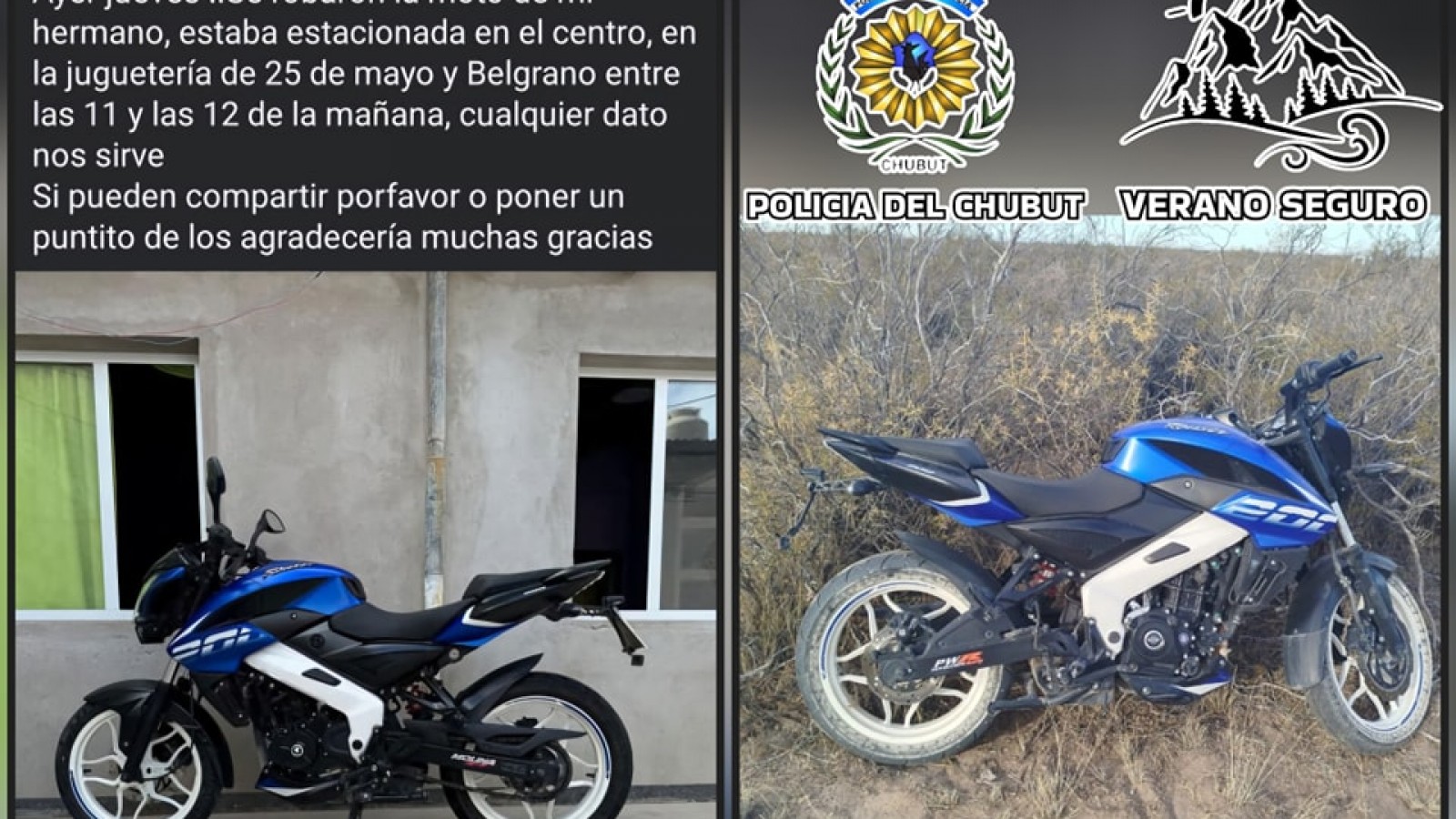 Secuestran una moto abandonada en un campo de Rawson y descubren que tenía pedido de robo