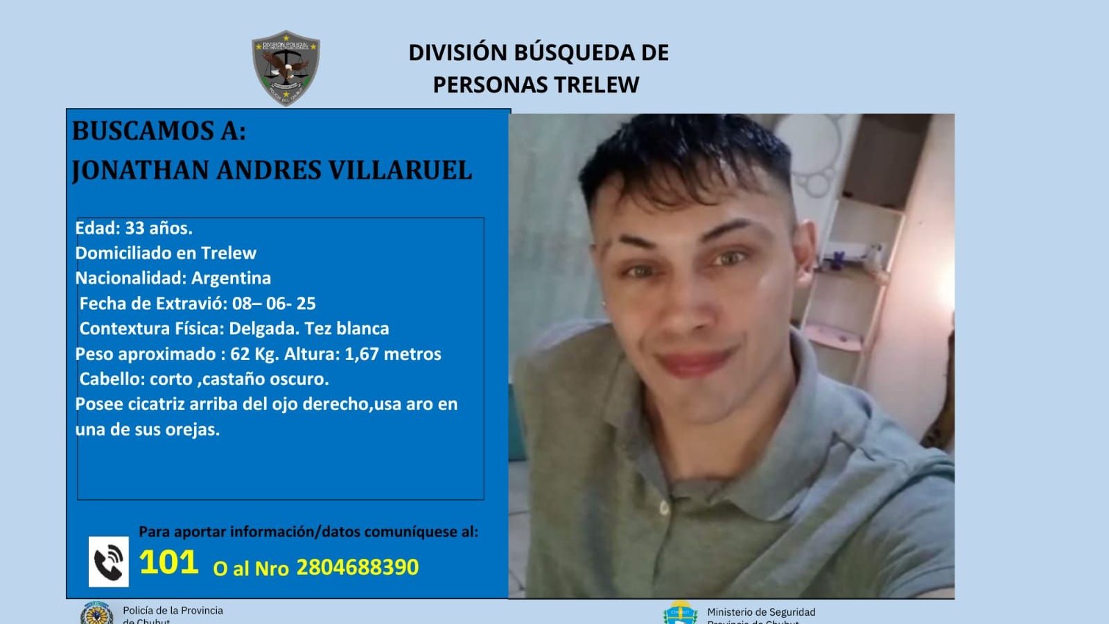 Buscan a un hombre de 33 años desaparecido en Trelew