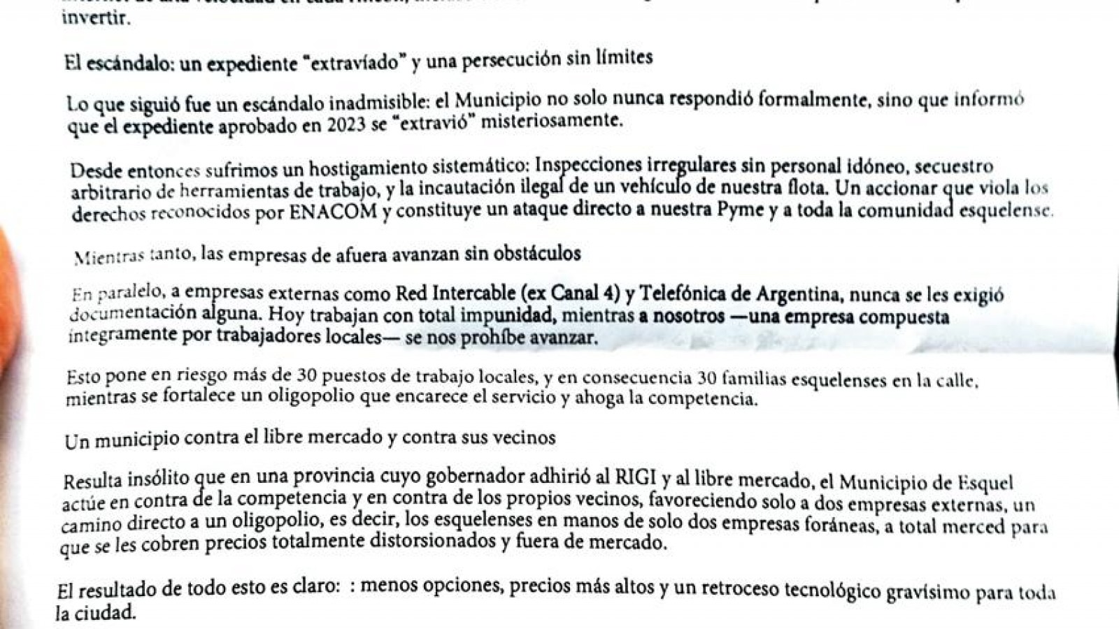 Escándalo en Esquel: Pyme denuncia persecución del municipio