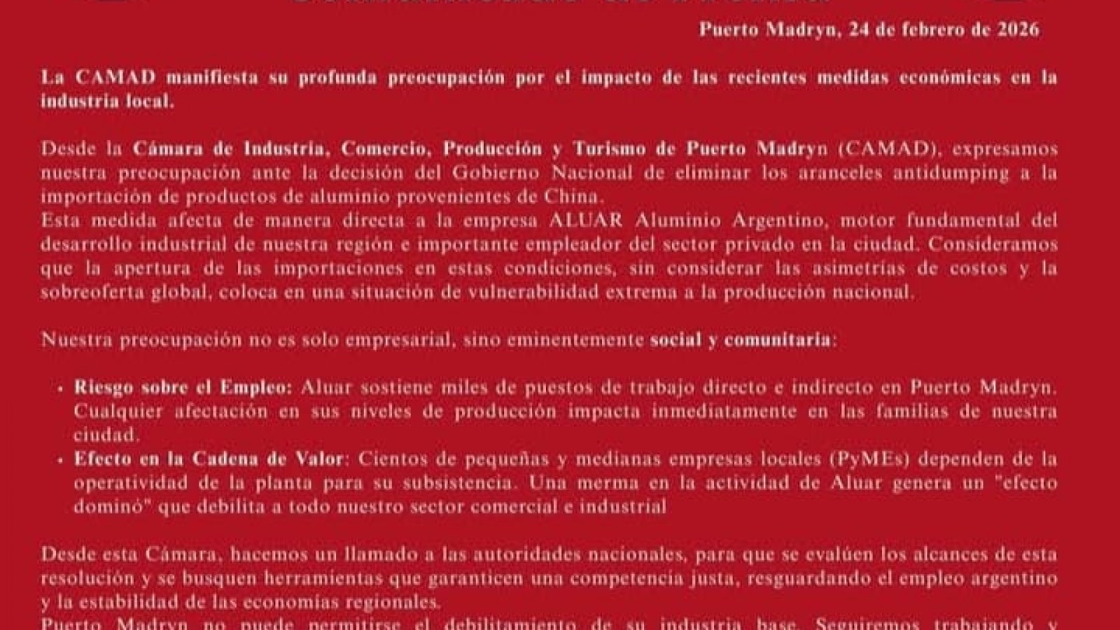 Empresarios de Madryn alertan por el impacto de la quita de aranceles al aluminio
