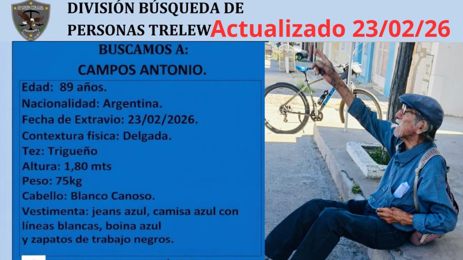 Buscan a Antonio Campos, un hombre de 89 años desaparecido desde el 23 de febrero