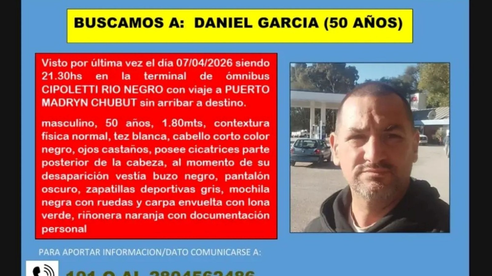 Continúa la búsqueda del hombre que viajaba a Puerto Madryn: se subió a un colectivo y no se supo más nada de él