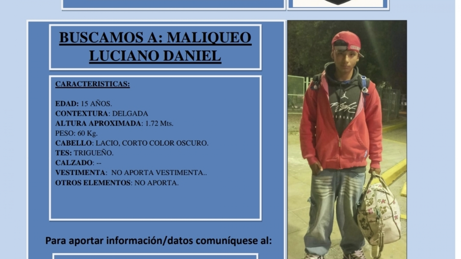 Buscan en Rawson a un menor de 15 años desaparecido