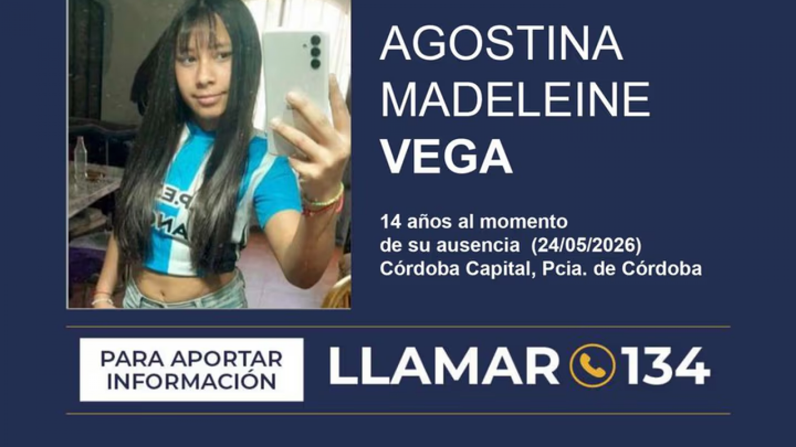 Activaron la Alerta Sofía por la desaparición de Agostina Vera en Córdoba