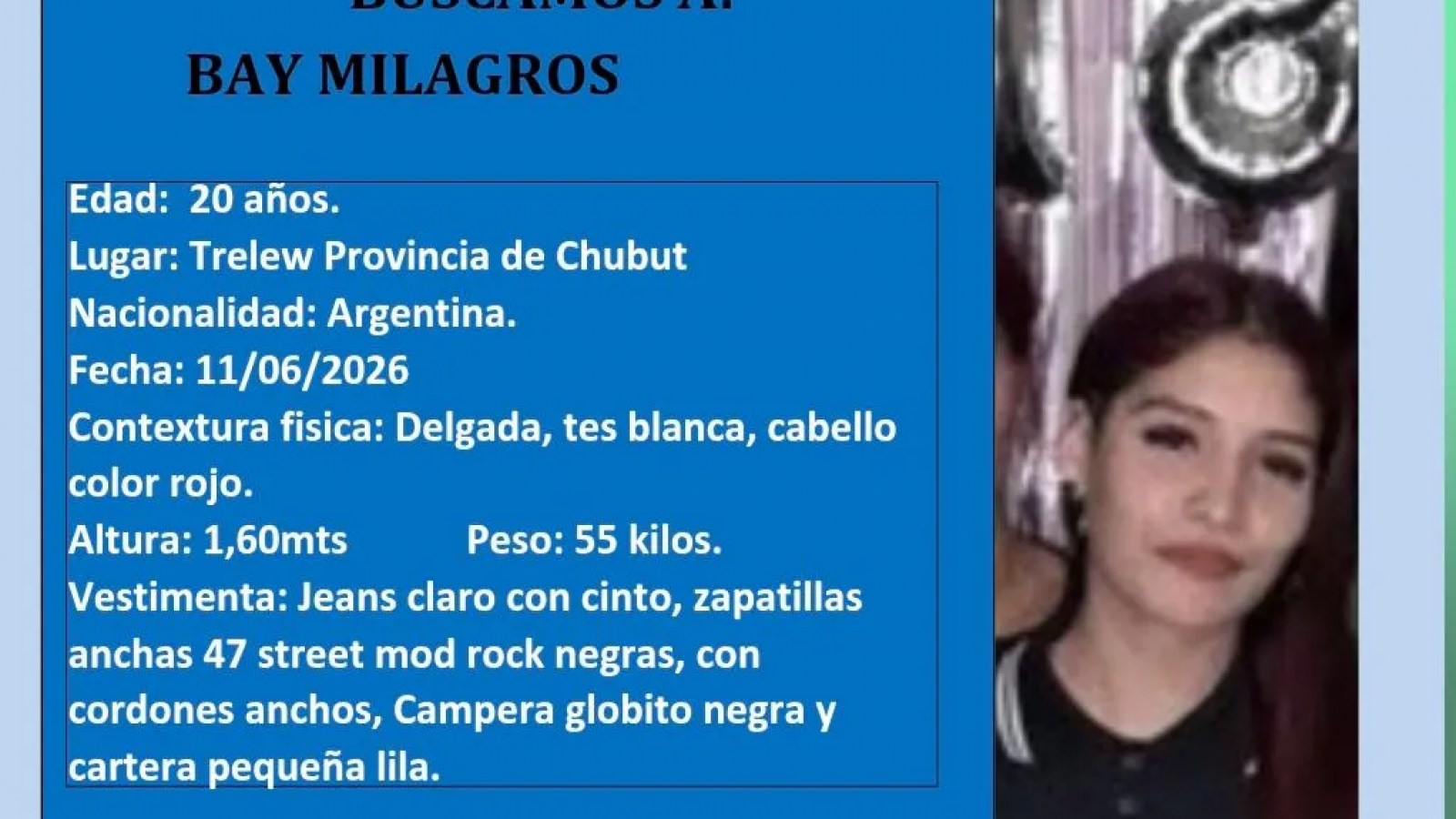 Buscan intensamente a una joven de 20 años desaparecida en Trelew