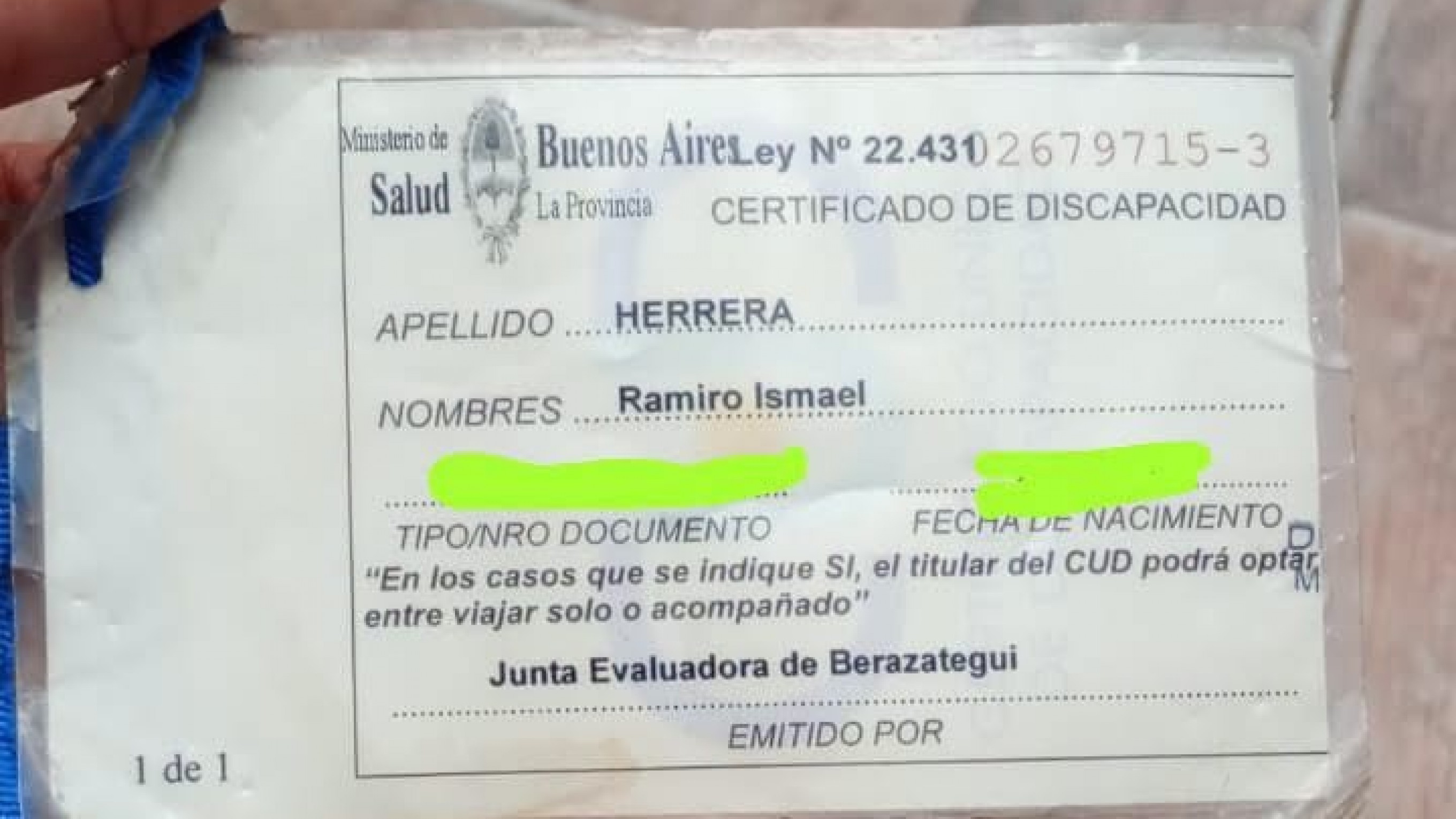 Buscan al dueño de un Certificado Único de Discapacidad encontrado por una familia