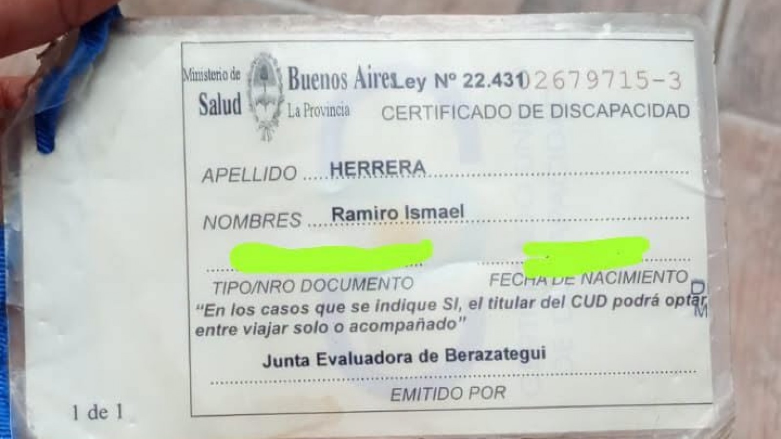 Buscan al dueño de un Certificado Único de Discapacidad encontrado por una familia