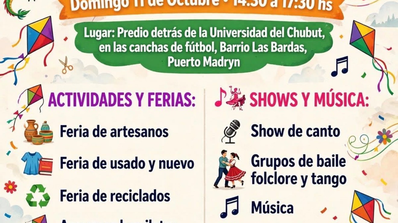 Barriletes, música en vivo y feria: este domingo habrá una gran fiesta familiar y gratuita en Puerto Madryn